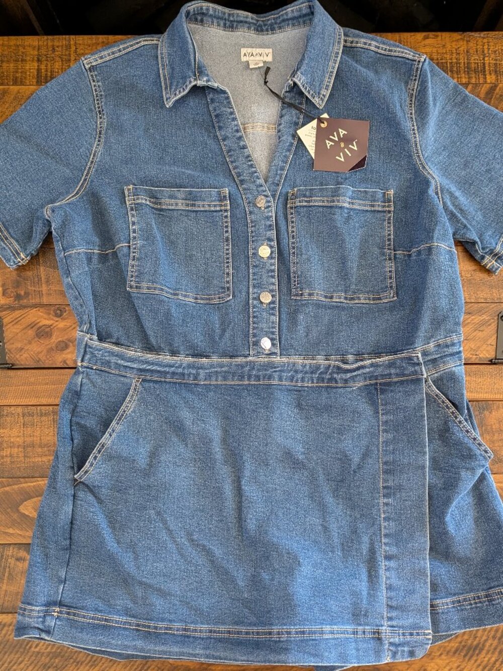 Ava & Viv Blue Denim Skortsall Skort Romper Jumpsuit Plus 1X Pockets Buttons NWT